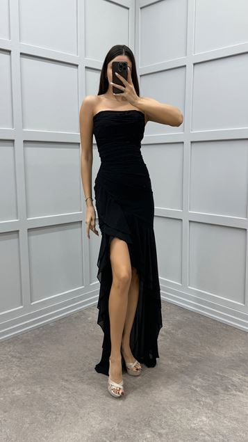 Siyah Straplez Bel Detay Eteği Fiyonk Tasarım Elbise