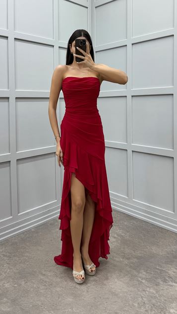 Kırmızı Straplez Bel Detay Eteği Fiyonk Tasarım Elbise