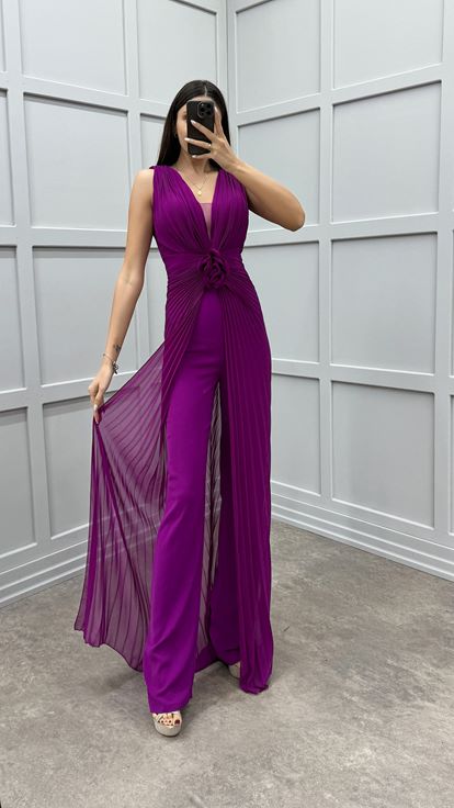 Fuchsia Waist Detail Pleated Design Evening Dress Jumpsuit