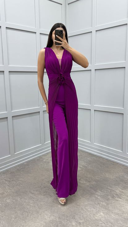 Fuchsia Waist Detail Pleated Design Evening Dress Jumpsuit