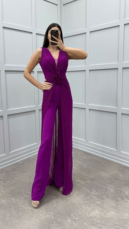 Fuchsia Waist Detail Pleated Design Evening Dress Jumpsuit