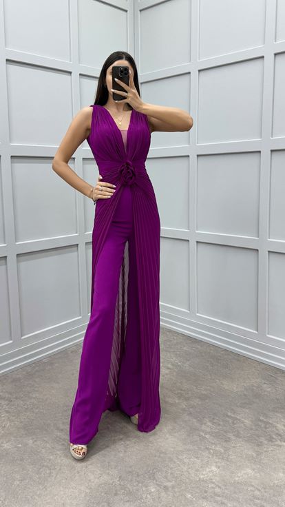 Fuchsia Waist Detail Pleated Design Evening Dress Jumpsuit