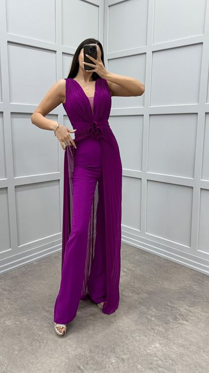 Fuchsia Waist Detail Pleated Design Evening Dress Jumpsuit