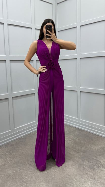 Fuchsia Waist Detail Pleated Design Evening Dress Jumpsuit