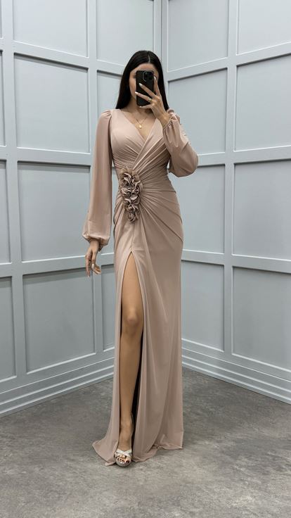 Beige V-Neck Balloon Sleeve Rose Detail Design Dress