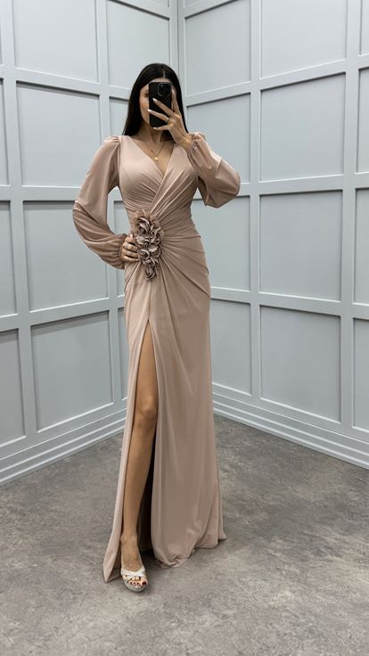 Beige V-Neck Balloon Sleeve Rose Detail Design Dress