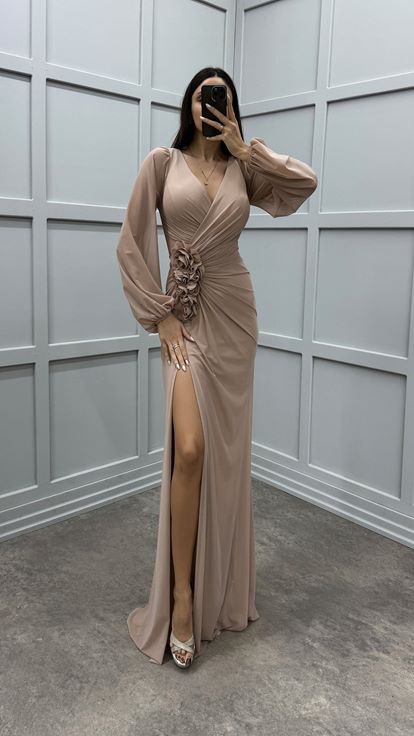 Beige V-Neck Balloon Sleeve Rose Detail Design Dress
