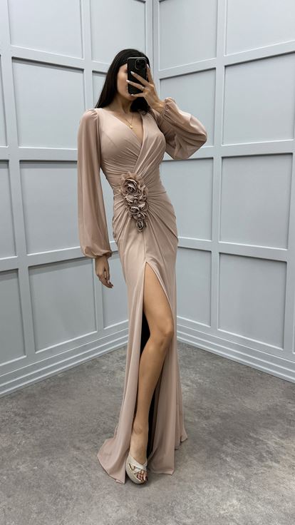 Beige V-Neck Balloon Sleeve Rose Detail Design Dress