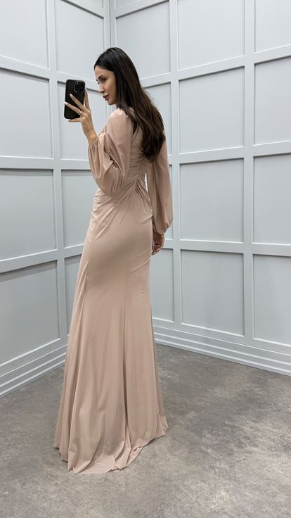 Beige V-Neck Balloon Sleeve Rose Detail Design Dress