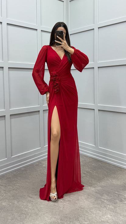 Red V-Neck Balloon Sleeve Rose Detail Design Dress