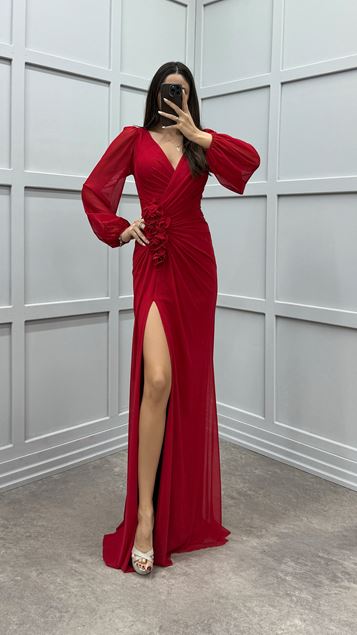 Red V-Neck Balloon Sleeve Rose Detail Design Dress