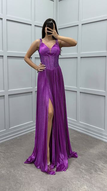 Vestido de noche de diseño de detalle transparente bordado fucsia