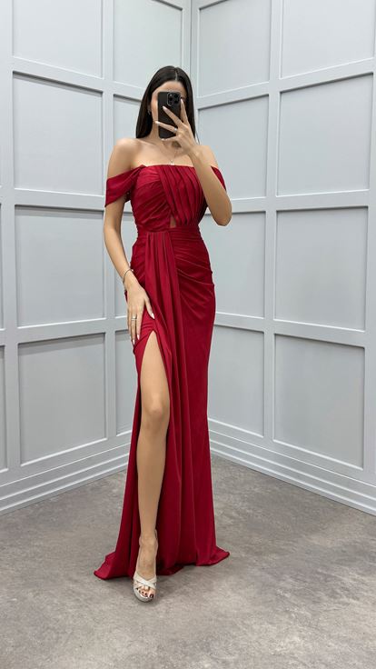 Red Bust Detail Design Satin Evening Dress