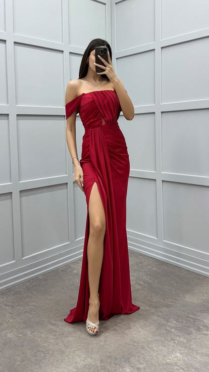 Red Bust Detail Design Satin Evening Dress