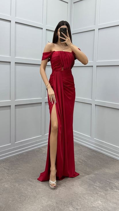 Red Bust Detail Design Satin Evening Dress