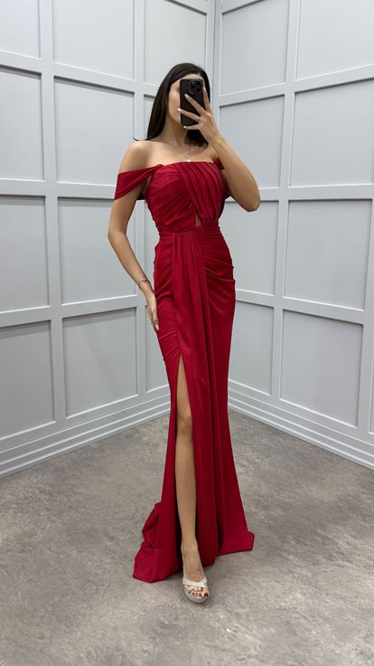 Red Bust Detail Design Satin Evening Dress