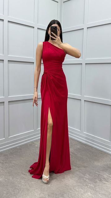 Kırmızı Tek Omuz Beli Büzgülü Tasarım Elbise