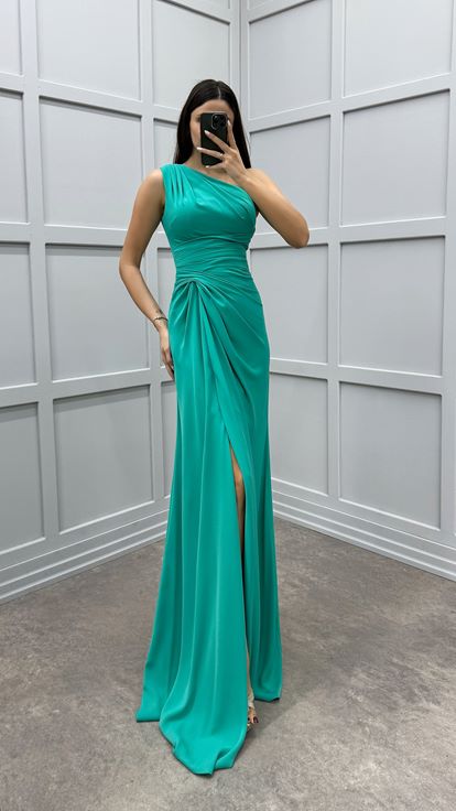 Mint Green One Shoulder Dress with Gathered Waist