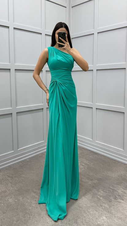Mint Green One Shoulder Dress with Gathered Waist