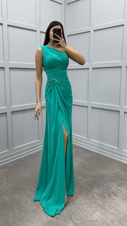 Mint Green One Shoulder Dress with Gathered Waist