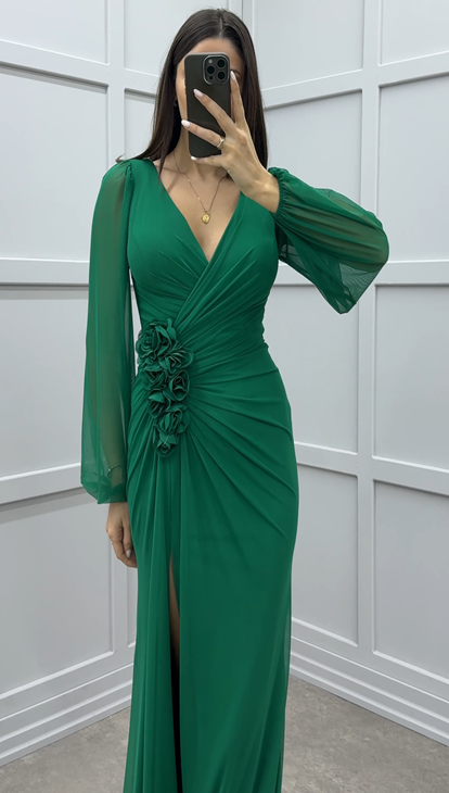 Green V-Neck Balloon Sleeve Rose Detail Design Dress