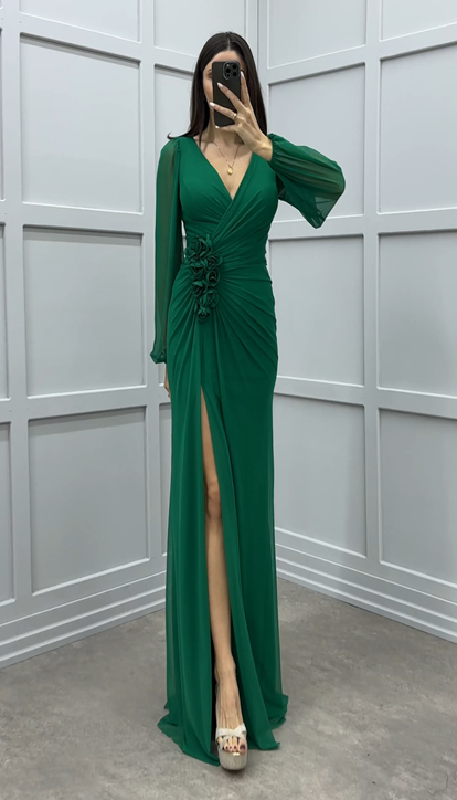 Green V-Neck Balloon Sleeve Rose Detail Design Dress