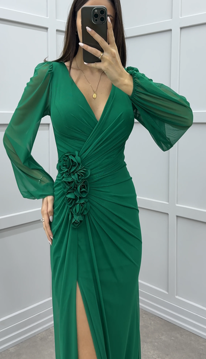 Green V-Neck Balloon Sleeve Rose Detail Design Dress