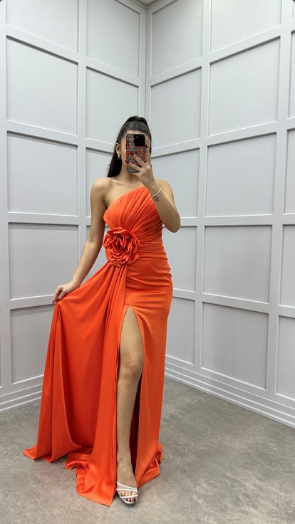 Orange Strapless Rose Detail Design Satin Evening Dress