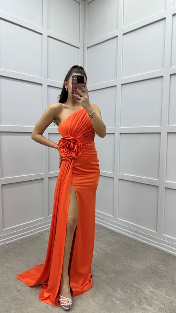 Orange Strapless Rose Detail Design Satin Evening Dress