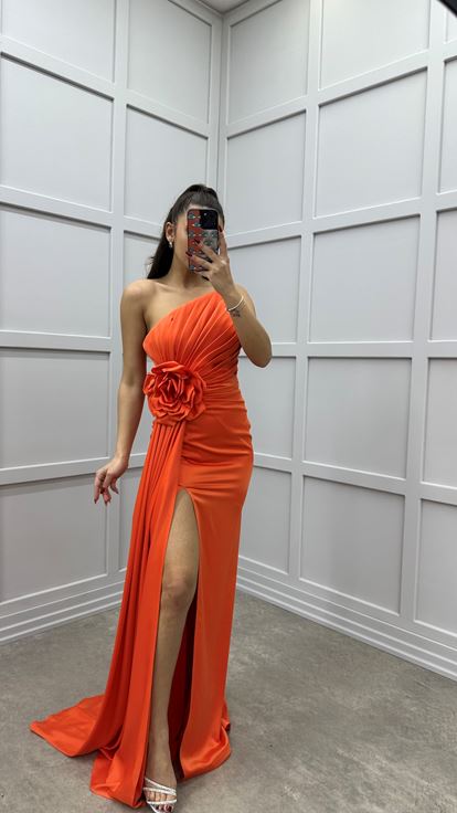 Orange Strapless Rose Detail Design Satin Evening Dress