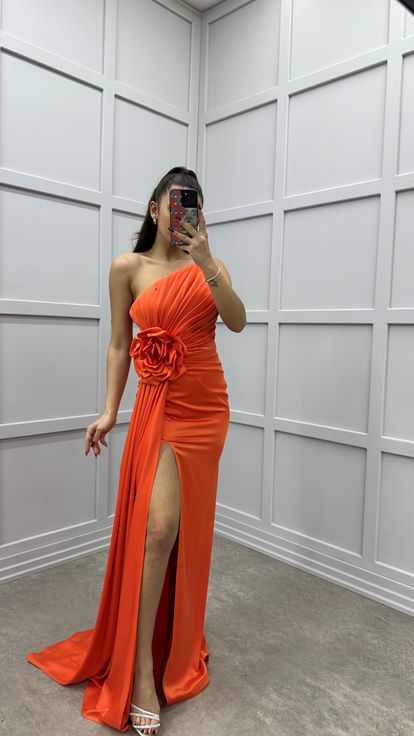 Orange Strapless Rose Detail Design Satin Evening Dress
