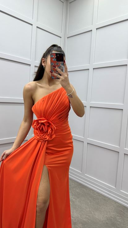 Orange Strapless Rose Detail Design Satin Evening Dress