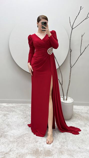 Rotes, zweireihiges Abendkleid mit Ausschnitt und Taille, Stoned, transparentes Design in Übergröße