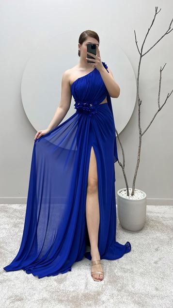 Saks One Shoulder Waist and Shoulder Rose Detail Transparent Plus Size Evening Dress