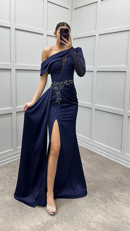 Navy Blue One Sleeve Satin Evening Dress with Embellished Waist 