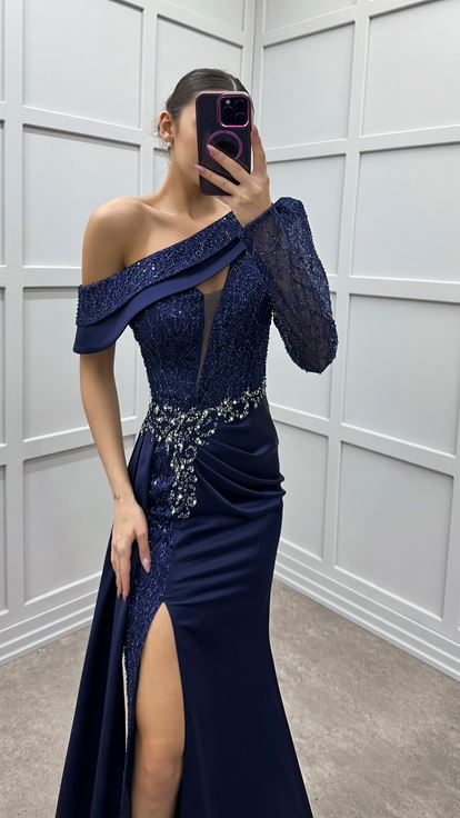 Navy Blue One Sleeve Satin Evening Dress with Embellished Waist 