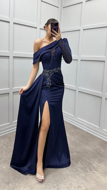 Navy Blue One Sleeve Satin Evening Dress with Embellished Waist 