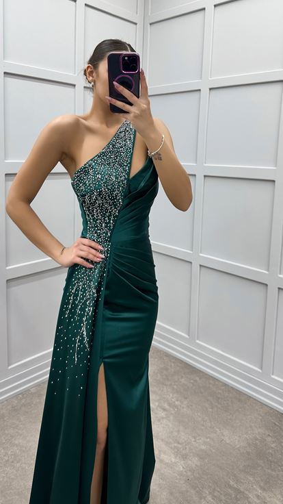 Emerald One Shoulder Embroidered Satin Evening Dress