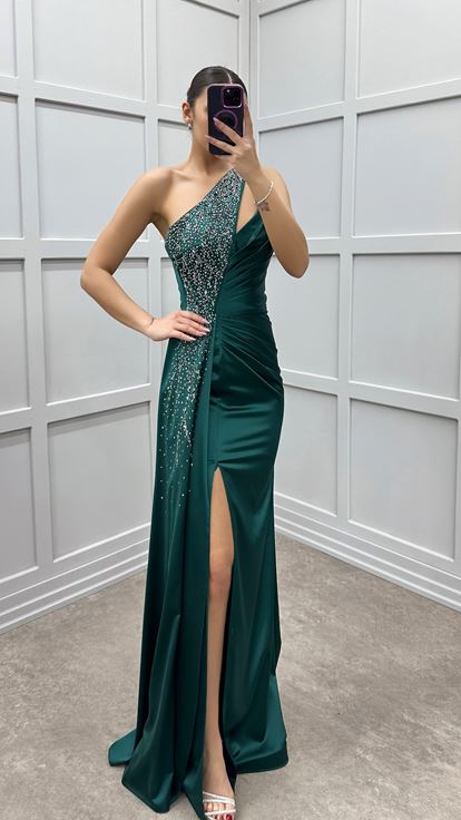 Emerald One Shoulder Embroidered Satin Evening Dress