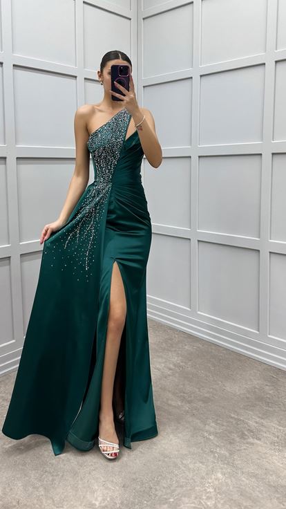 Emerald One Shoulder Embroidered Satin Evening Dress