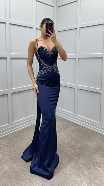 Navy Blue Strappy Satin Evening Dress with Embroidered Bust