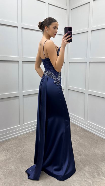 Navy Blue Strappy Satin Evening Dress with Embroidered Bust
