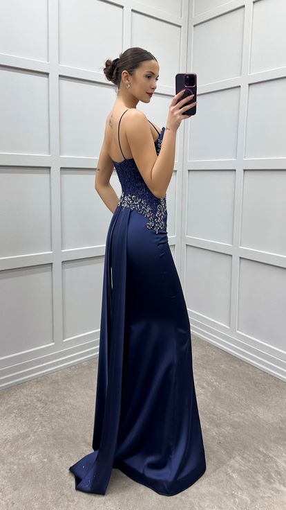 Navy Blue Strappy Satin Evening Dress with Embroidered Bust