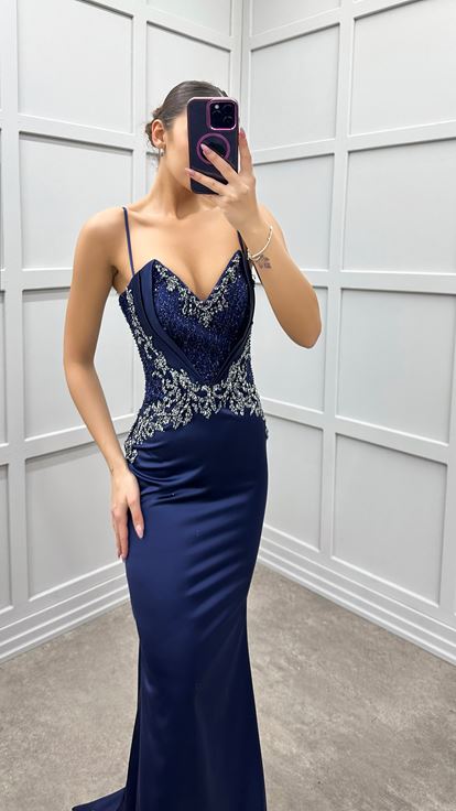 Navy Blue Strappy Satin Evening Dress with Embroidered Bust