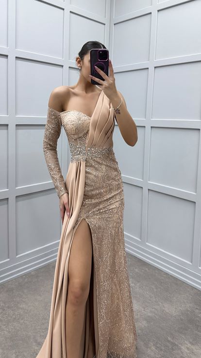 Beige One Sleeve Evening Dress with Embellished Waist