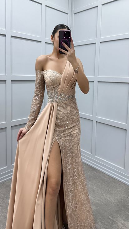 Beige One Sleeve Evening Dress with Embellished Waist
