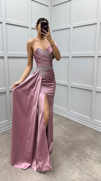 Poudre Une Épaule Taille Pierre Satin Robe De Soirée