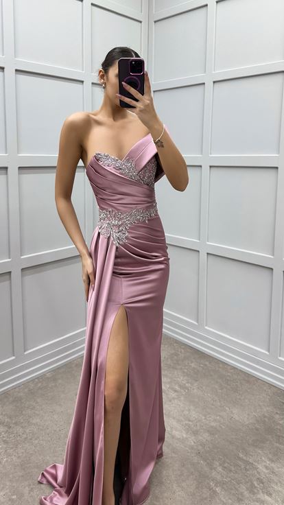 مسحوق واحد الكتف الخصر رجم فستان السهرة الساتان