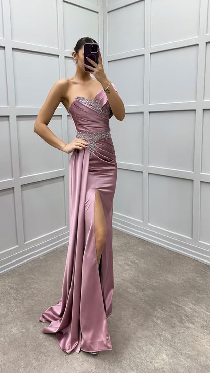 مسحوق واحد الكتف الخصر رجم فستان السهرة الساتان