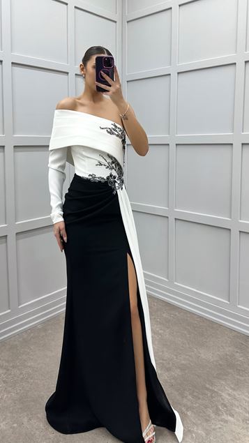 White Embroidered Single Sleeve Evening Dress
